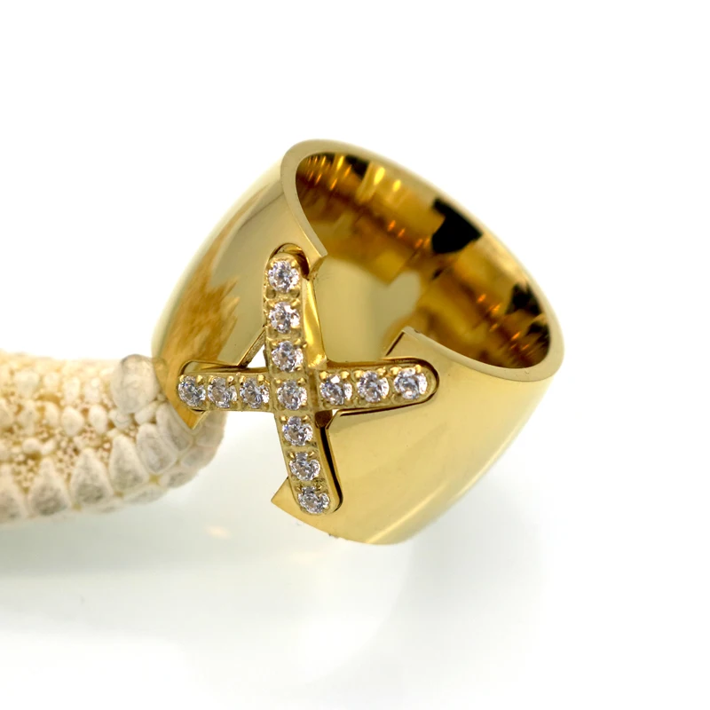 Gold Color Ring Bijoux 14mm Width Big Pave Setting CZ Cross X Ring Women Trendy Crystal Jewelry Gift 1pc