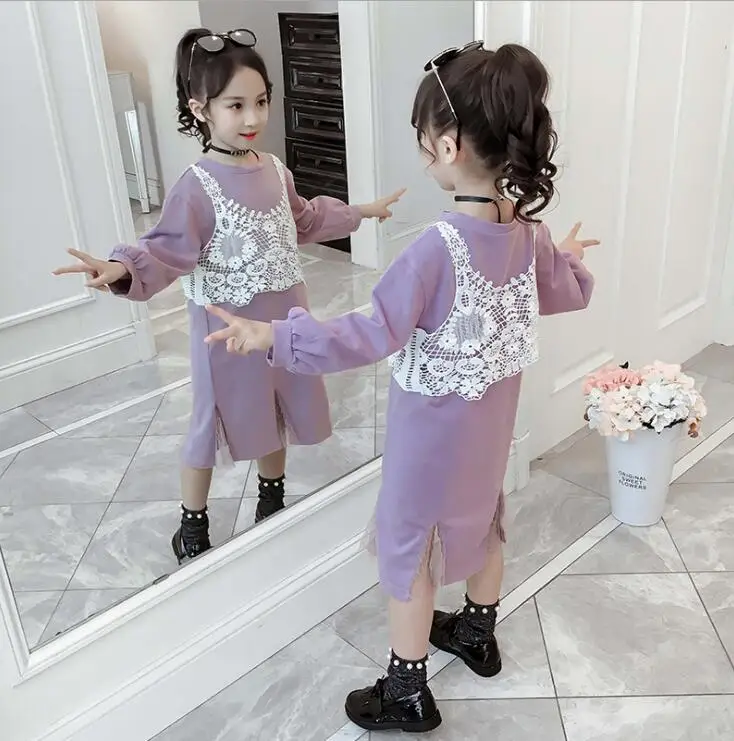 new wholesale girls 2 pcs set full sleeve dress+ lace vest autumn fashion girls suit 4-9t C131