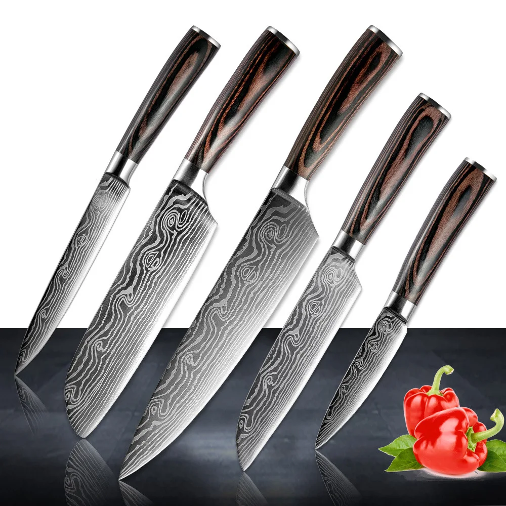 

Damascus Kitchen Knife Set Stainless Steel Kitchen Knife Wood Handle Paring Utility Santoku Slicing Chef Cooking Knife