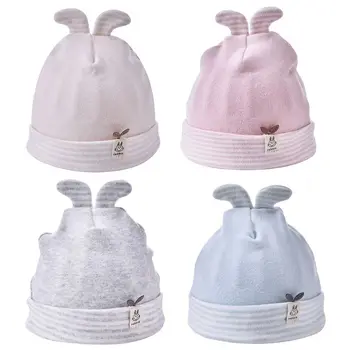 

Infant Baby Cute Rabbit Ears Cuffed Beanie Hat Cotton Stripes Printed Ribbed Hem Stretch Newborn Winter Warm Hospital Cap 0-6M