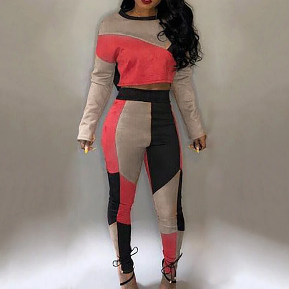 

Puimentiua Womens Patchwork 2 Pieces Jumpsuit Women Hit Color Patchwork Pullovers+Pants 2 Pieces Sets Casual Patchwork Tracksuit