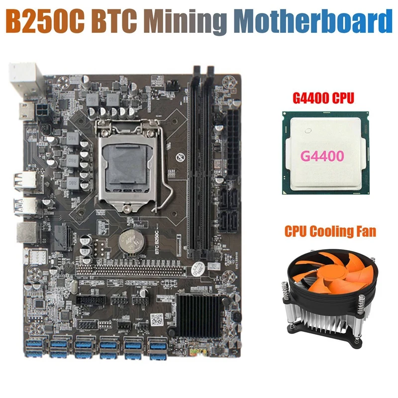 B250C Mining Motherboard with Cooling Fan+G4400 CPU 12 PCIE to USB3.0