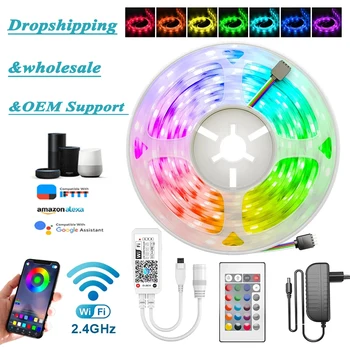 

5m 10m 15m WiFi LED Strip Light RGB Waterproof SMD 5050 DC12V rgb String Diode Flexible Ribbon WiFi Contoller+Adapter plug