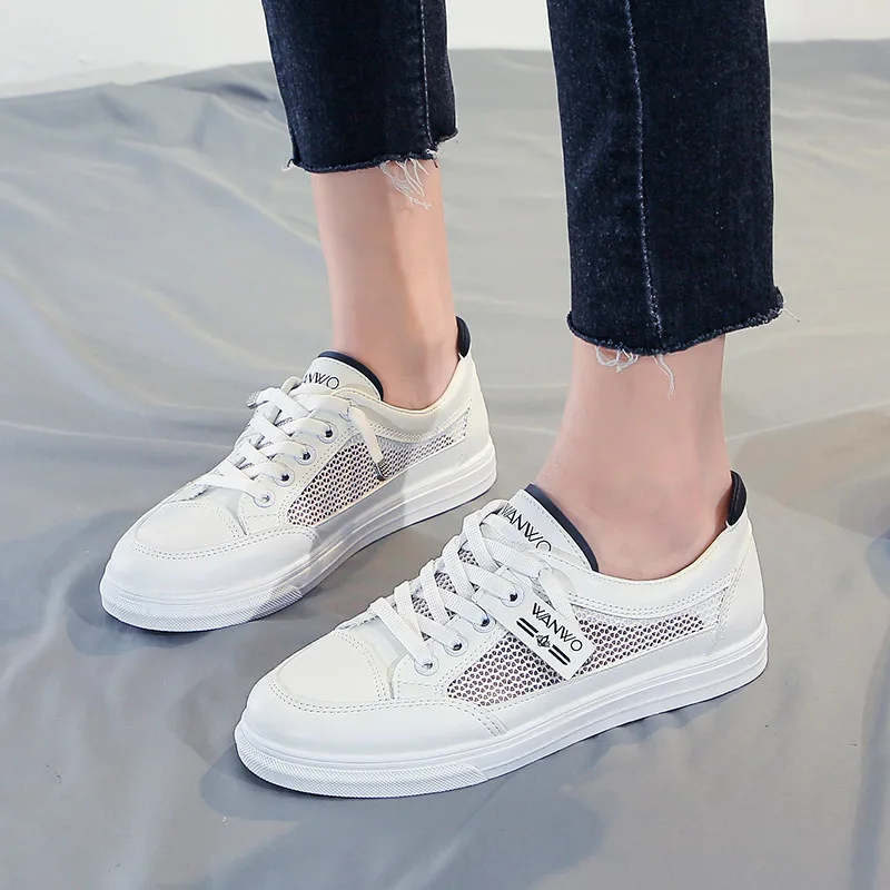 

Women's Sports Shoes 2021 Summer New All-match Leather Flat White Mesh Shoes Breathable Non-slip Sneakers Student Running