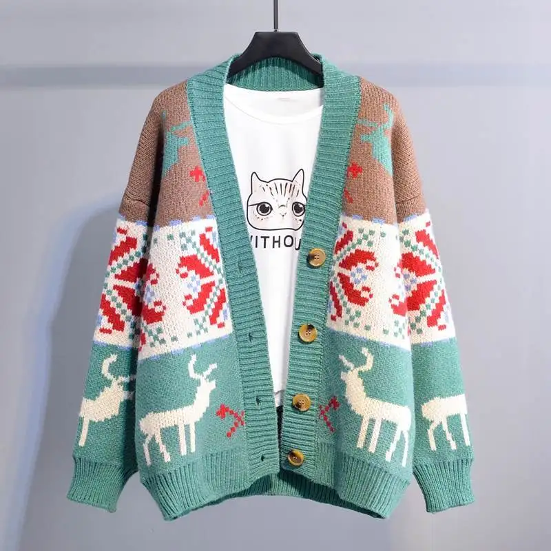 Waliicorners autumn Women Sweater Jackets DEER Christmas Long Knit Coat Oversized Knit Sweater and Cardigans Femme 6 481