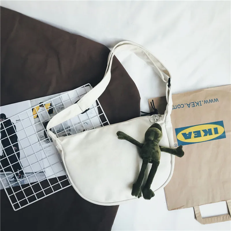 Стиль, женская сумка, большая емкость, Парусиновая Сумка-пельмень, подвеска в виде лягушки, Повседневная Студенческая сумка на плечо