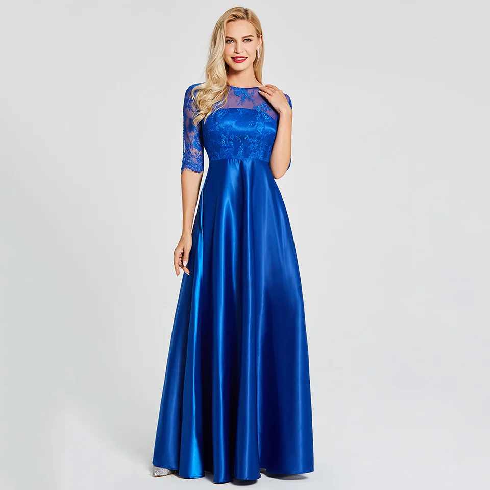 Dressv Королевский синий круглый вырез длинное недорогое вечернее платье кружевное с рукавом до локтя свадебное вечернее платье ТРАПЕЦИЕВИДНОЕ вечернее платье es