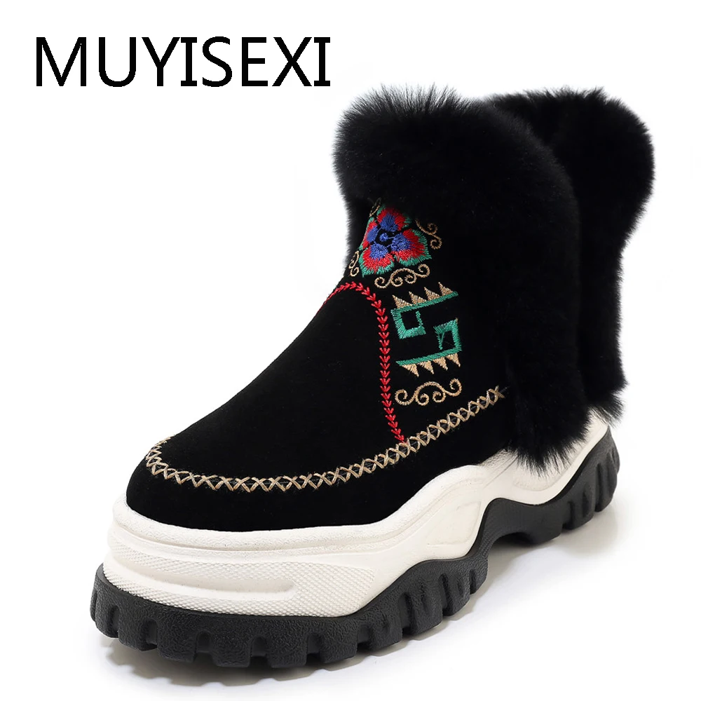

Snow boots winter woman genuine leather plush round toe zipper black water proof warm thickening 6cm-heeled TMEI04 MUYISEXI
