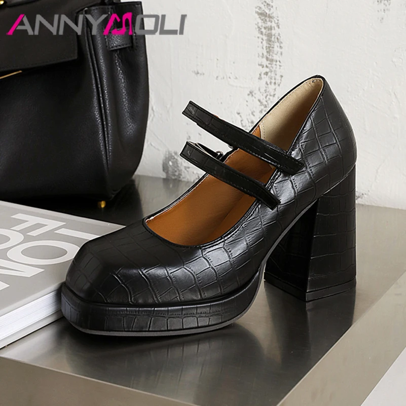 

ANNYMOLI Mary Janes Shoes Women PU Leather Platform Chunky Heels Pumps Super High Heel Female Fashion Shoes Spring Black White