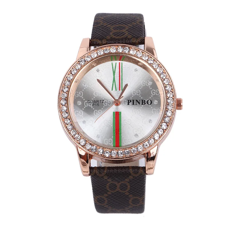 

2017 New Style Diamond Set Casual Quartz Leather Strap Watch England Style Printed Plaid Top Grade Women's Fashion Watch