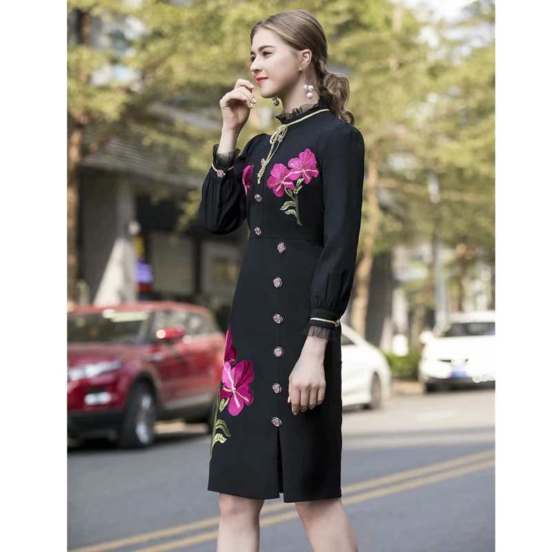 Высококачественное подиумное платье для женщин Весенняя мода с длинным рукавом стоячая Шея Цветочная вышивка черные офисные вечерние платья карандаш