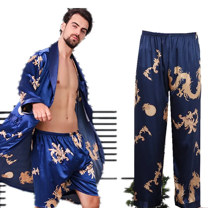 3 PCS Robe Pants Pajama Set 4XL 3XL Men Bathrobe Shorts Suit Silk Sleepwear for Men Kimono Home Soft Cozy Long-sleeved Bath Gown mens cotton pajama sets Men's Sleep & Lounge