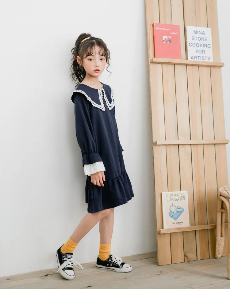 Back To School Clothing 100% Cotton Fall Dress For Girl Petal Sleeve Big Girl Kids Dresses Blue 2019 Autumn Child Dress Fashion (7)