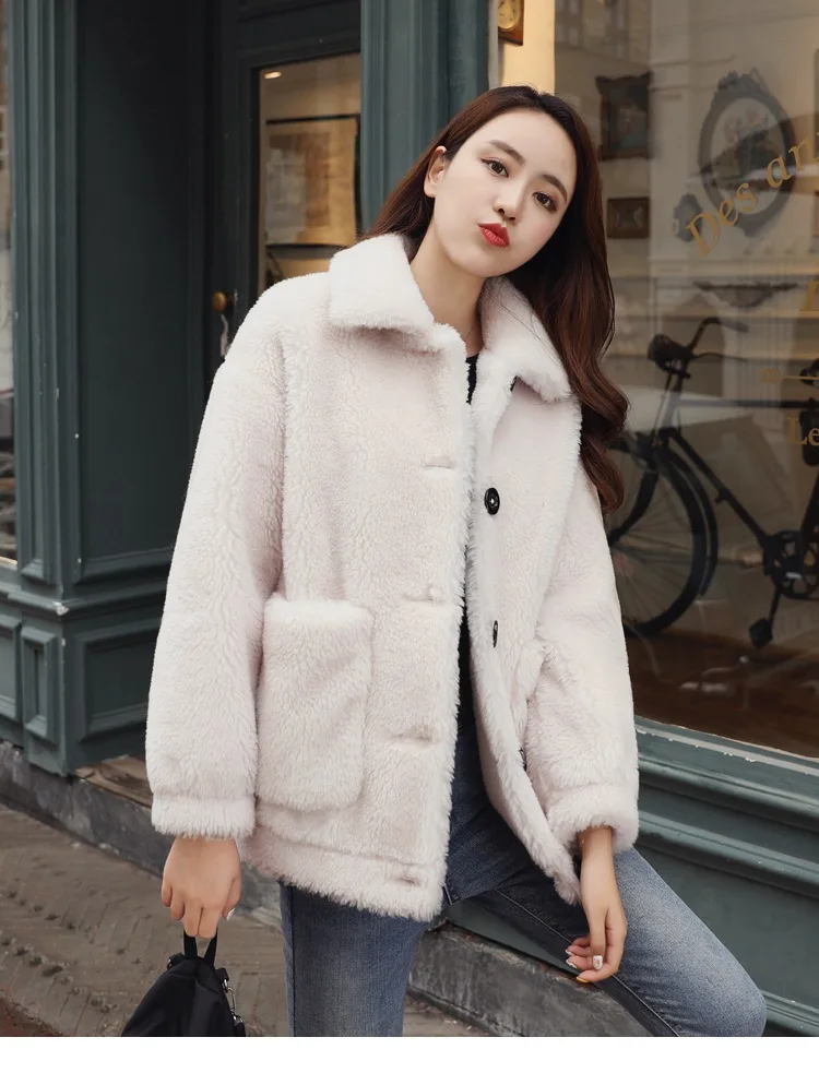 Graceful Lambs Wool Coat Women's Short Winter CHIC New Style Korean-style Loose-Fit Sheep Shearing Thick Cotton-padded Clot
