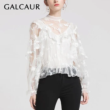 

GALCAUR Patchwork Lace Perspective Blouse Shirt Female Lantern Sleeve Ruffle Mesh Sexy With Vest Tops 2020 Summer New Clothing