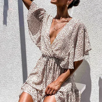 

Dot Women Summer Dresses Deep V-neck Sexy Plunge Mini Dress Feamle Beach Party Mini Dress Back Button Closure Ruffle Clothes