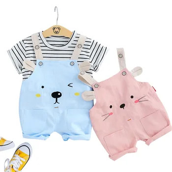 

Toddler Baby Boys Girls Summer Outfits Cartoon Striped Printed Round Neck Shorts Sleeve T-shirt Tops Pants Overall Clothes Set