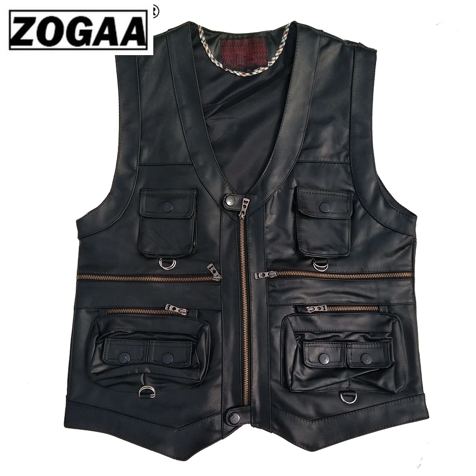 

Multi Pocket Vest Men Black Photography Vests Genuine Leather Motorcycle Biker Waistcoat Male Autumn Sleeveless Jacket For Men
