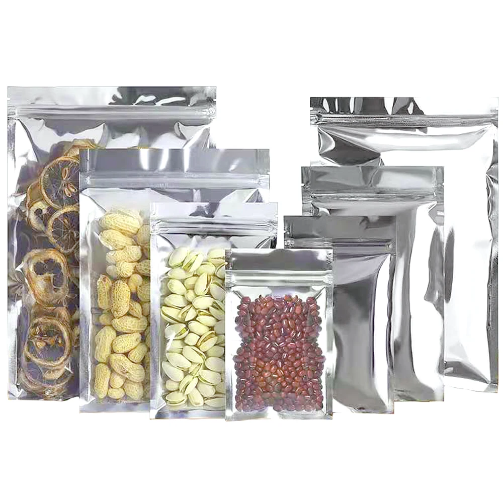 

100Pcs Clear Silver Zip Lock Mylar Foil Plastic Bag Tear Notch Zipper Seal Resealable Reusable Food Candy Snack Storage Pouches