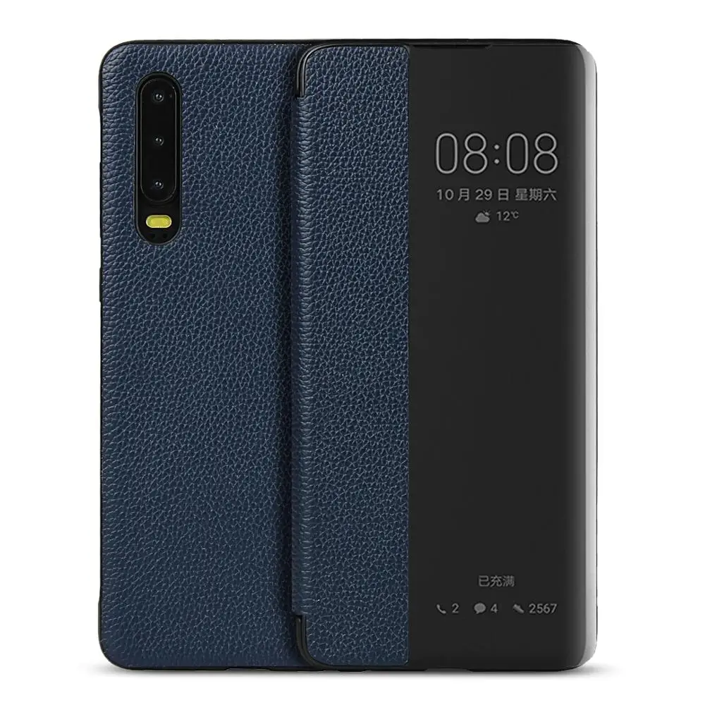 

LUCKBUY Vintage TOP Genuine Cow Litchi Leather View Window flip case for Huawei P30 Funda Huawei P30 Pro Luxury Skin Case Cover