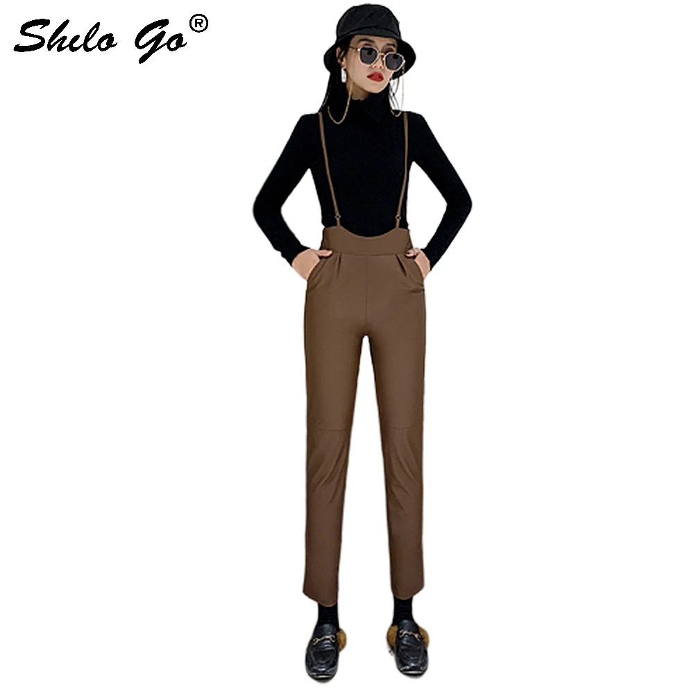 

Leather Jumpsuit Minimalist Strap Detail High Waist Sheepskin Pencil Pants Women Spring Casual Solid Office Lady Trouser Female