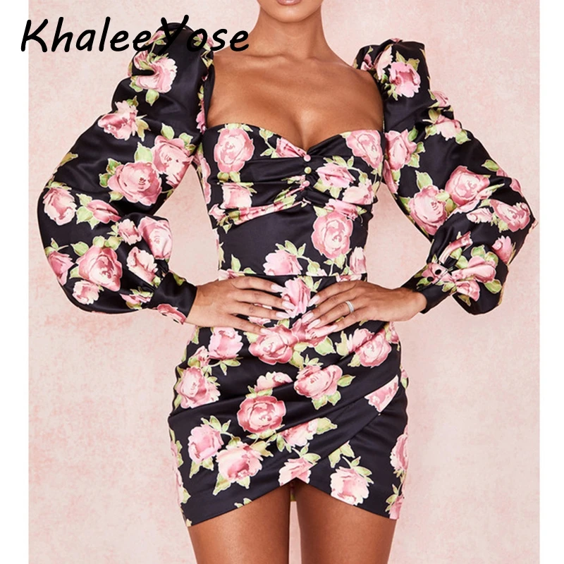 

KHALEE YOSE Floral Printed Pencil Dress Black Elegant Dresses Women Long Puff Sleeve Backless Sexy Asymmetri Female Party Dress