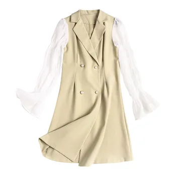 

Dress Woman 2020 Spring New Fashion Turndown collar Long sleeve Patchwork Double Breasted A Line Dress Female S-XL