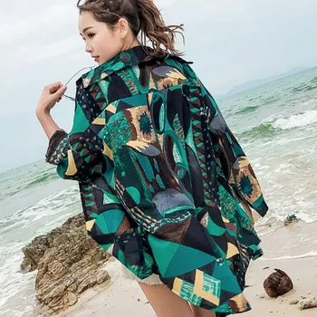 

2020 Summer Women Retro Cartoon Print Lapel Shirt Loose Single-breasted Long Sleeve Sun Protection Green Blouse Chiffon Blouse!