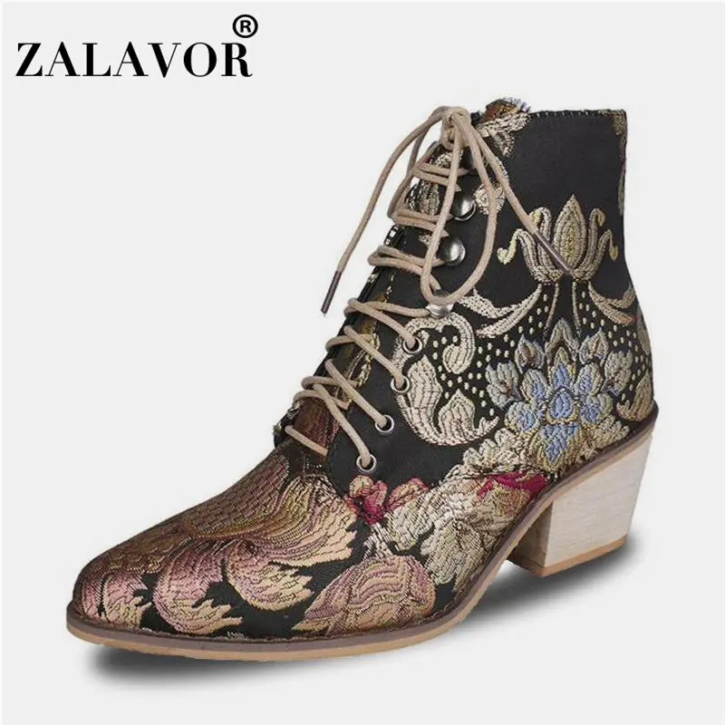 

ZALAVOR Women Ankle Boots Western Style Embroidery Square Heels Shoes Women Fall Winter Lace Up Cowgirl Footwear Size 35-43