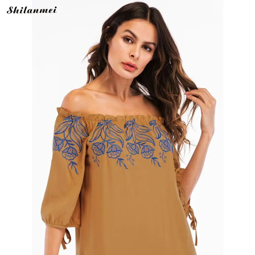 Женское длинное платье с открытыми плечами 3/4 рукав Boho вышивка макси платья женское осеннее желтое длинное хлопковое платье плюс размер