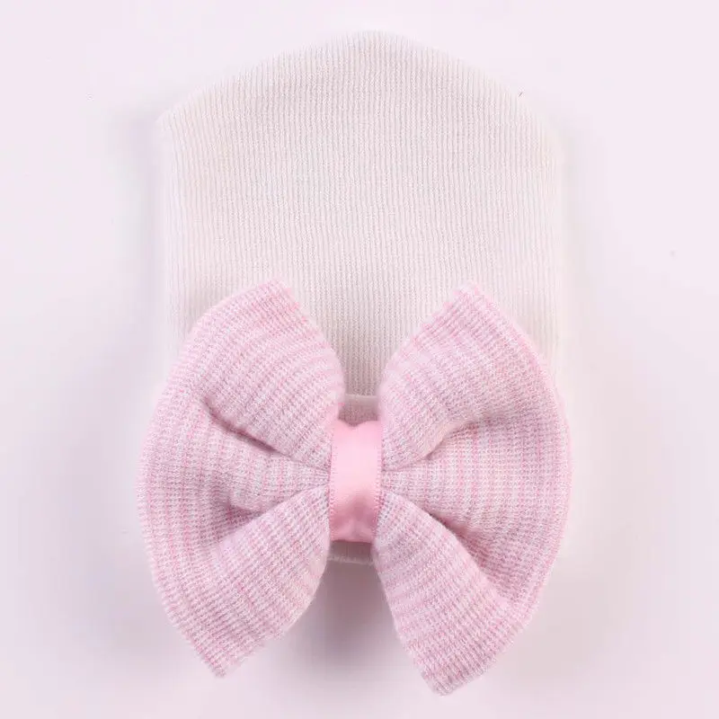 White and Pink Зимняя и Осенняя шапка для маленьких девочек от 0 до 24 месяцев, с большим бантом, хлопковая шерстяная вязаная теплая шапка для младенца, новая детская шапочка-шапочка для девочек - Цвет: White and Pink