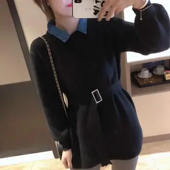 

2019 Women Turn-Down Collar Long Sweater Long Sweater New Elegant Lantern Sleeve Solid Knitted Pullover