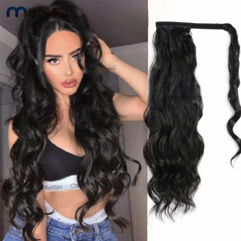 Coleta de pelo largo ondulado para mujer, coleta de cabello humano envuelta en Clip, extensión de onda negra, cola de poni afroamericana de 26 pulgadas, onda corporal