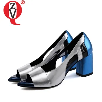 

ZVQ fashion spring summer peep toe square heel pumps woman patchwork cow leather platform shoes ladies sexy dress party pumps