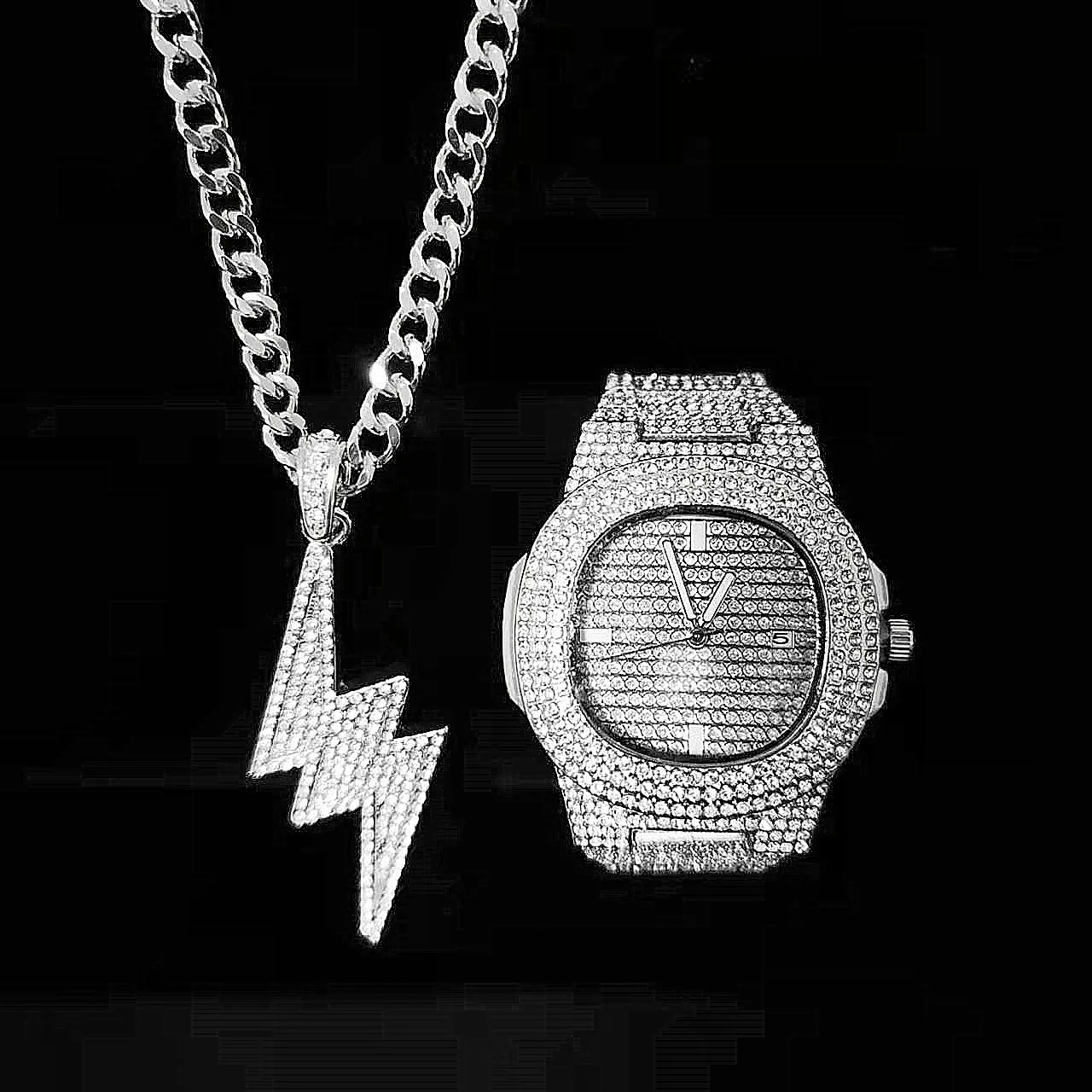 2pcs Iced Out Watch Necklace for Men Luxury Diamond Watch Men Bling Jewelry Set Mens Gold Watch Quartz Dropshipping Reloj Hombre