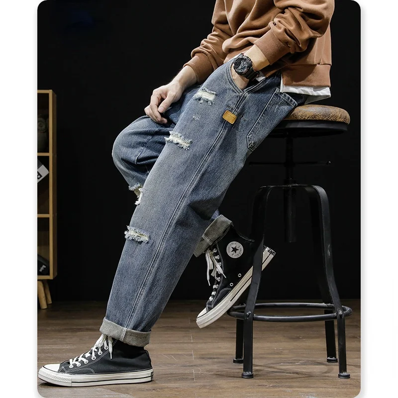 Streetwear Men's Ripped Jeans Fashion Loose Oversized Haren Pants Korean Casual Clothes Male Vintage Straight Denim Trousers New 2