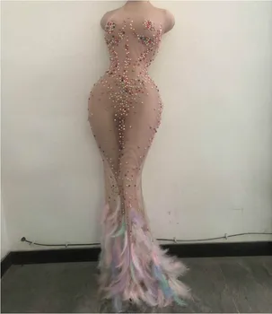 

Multi-color Pearl Crystals Feather Dance Dress Women's Evening Party Perspective Luxurious Dress Prom Birthday Celebrate Dress