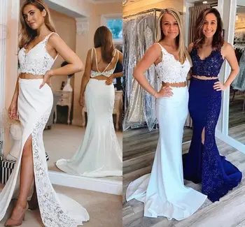 

YiMinpwp Two Pieces Mermaid Prom Dresses Deep V Neck Backless Sweep Train Side Split Appliques Long Formal Evening Party Gowns