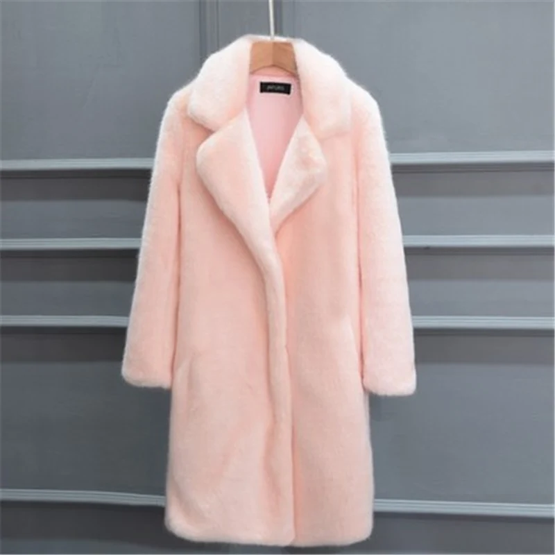 Элегантное розовое мохнатое женское длинное пальто из искусственного меха уличная осенне-зимняя теплая плюшевая шуба роскошное Женское пальто вечерние верхняя одежда - Цвет: Розовый