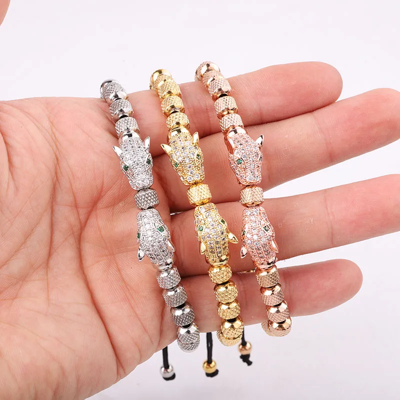New Design Stainless Steel Beads CZ Pave Leopard Charm Friendship Macrame Adjustable Bracelet For Men