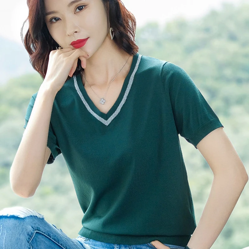 

shintimes Loose T Shirt Tops Women 2020 Summer Korean Version Knitted T-Shirt Casual T Shirt Woman Short Sleeve Tee Shirt Femme