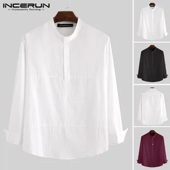 

INCERUN Long Sleeve Shirt Men Stand Collar Brand Solid Cotton Tops Streetwear Camisa Masculina 2020 Business Casual Shirts Men