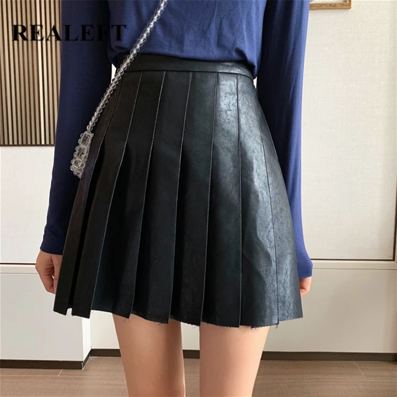 

REALEFT 2019 New Arrival Autumn Vintage PU Leather Pleated Sexy Mini Skirts High Waist Solid Short Skater Skirts Lady Black