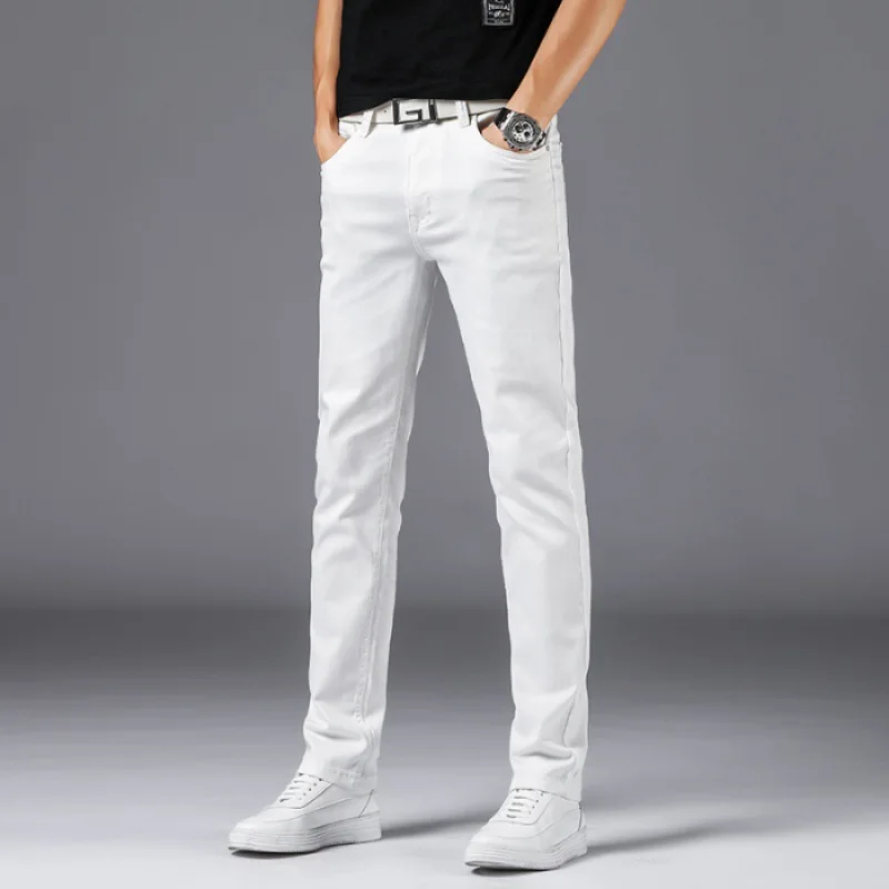 

2019 Summer Thin Section Simple Men Slim Fit Solid White Jeans Men's Elasticity Cowboy Long Pants Straight-Cut Men's Trousers