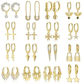 

925 Sterling Silver Earrings Gold Silver Color Geometry Cross CZ Zircon Small Circle Huggie Hoop Earrings For Women Fine jewelry