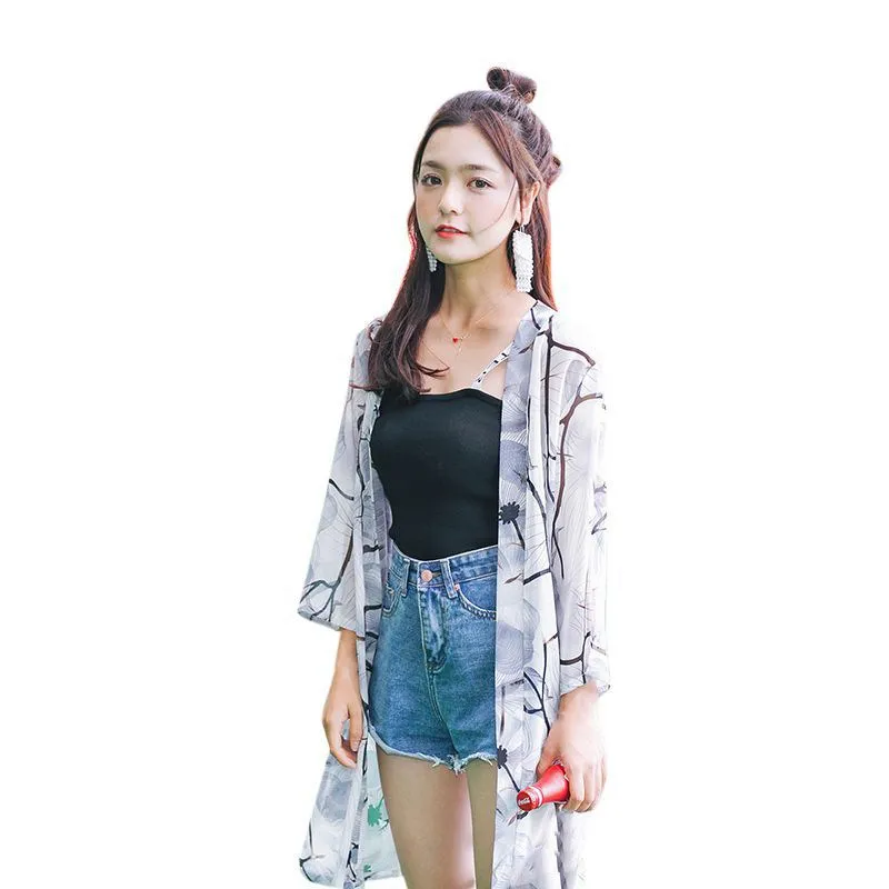 

Sweet Women Holiday Mid-Length Chiffon Print Sun Protection Clothing Seven-Point Sleeve Cardigan
