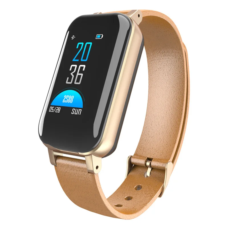 Bluetooth гарнитура T89 мини двойные наушники Смарт часы монитор сердечного ритма фитнес спортивный автоматизированный браслет для IOS Android - Цвет: Золотой
