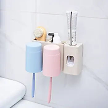 

Bathroom Toothbrush Holder With Water Cups Wall Mounted Tooth Brush Storage Rack Organizer +Automatic Toothpaste Dispenser