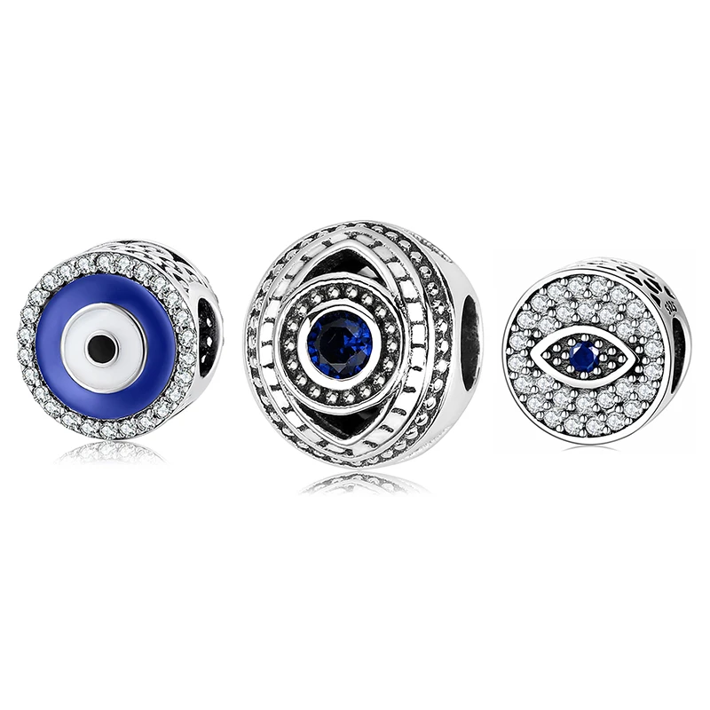 Authentic 925 Sterling Silver Evil Blue CZ Eye Charms Round Shape Beads Fit Original European Charm Bracelets Jewelry Making | Украшения и