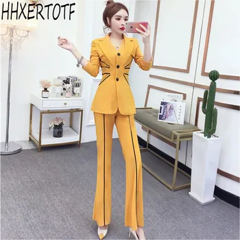 

2020 spring autumn Vintage Single Breasted Women Pant Suit V neck Blazer Jacket +High Waist Pant Office Wear Women Suits
